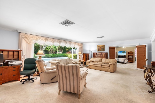 2110 Reaney Rd, Lakeland, FL 33803 - living area featuring light colored carpet, ornamental molding, and an office area