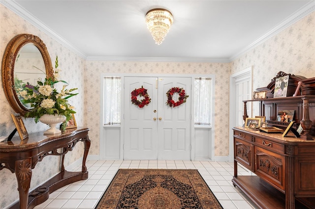 2110 Reaney Rd, Lakeland, FL 33803 - tiled entryway with wallpapered walls, a chandelier, and ornamental molding