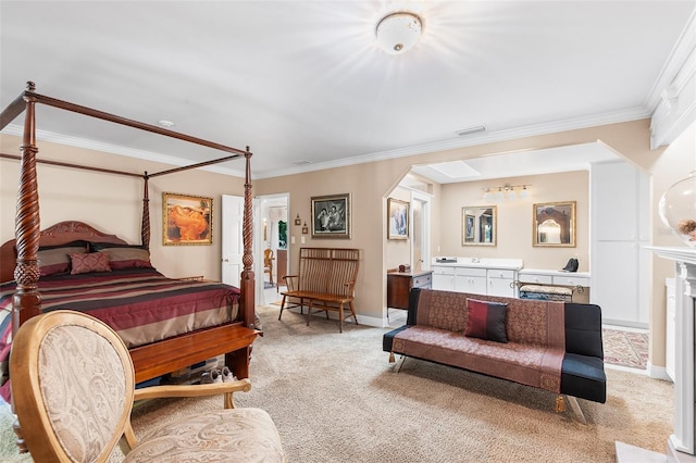 2110 Reaney Rd, Lakeland, FL 33803 - bedroom featuring light carpet, ornamental molding, arched walkways, and baseboards