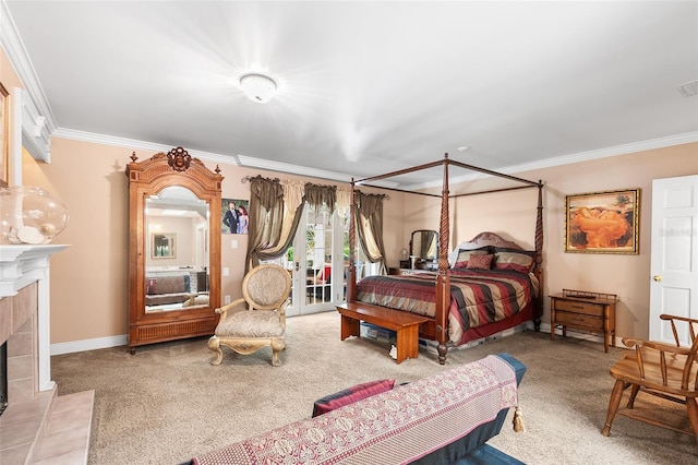 2110 Reaney Rd, Lakeland, FL 33803 - carpeted bedroom featuring crown molding, access to exterior, a fireplace, and baseboards