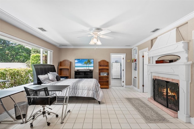 2110 Reaney Rd, Lakeland, FL 33803 - bedroom featuring a warm lit fireplace, crown molding, light tile patterned floors, a ceiling fan, and baseboards