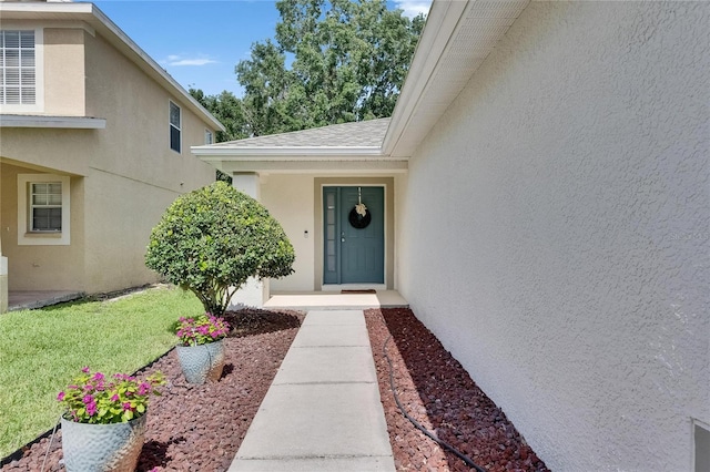 11728 Crest Creek Dr, Riverview, FL 33569 - property entrance featuring stucco siding and a shingled roof