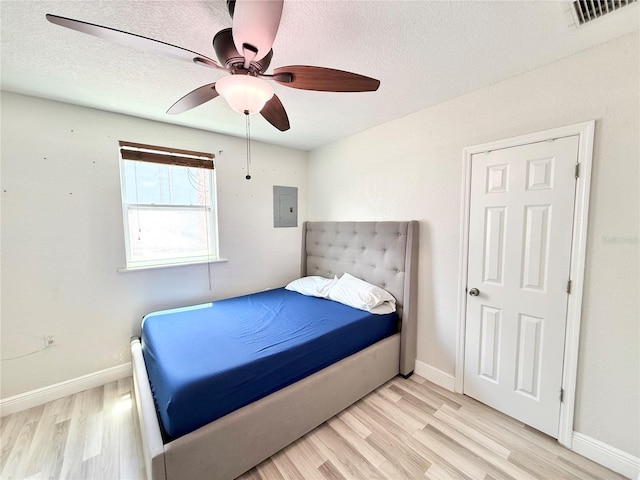 2137 W Saint Louis St, Tampa, FL 33607 - bedroom featuring light wood-style flooring, a textured ceiling, baseboards, electric panel, and ceiling fan