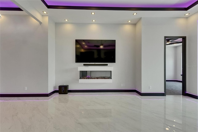 6532 Simone Shores Cir, Apollo Beach, FL 33572 - unfurnished living room featuring baseboards, marble tiled flooring, recessed lighting, and a fireplace