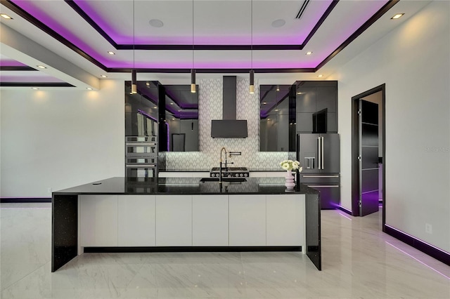 6532 Simone Shores Cir, Apollo Beach, FL 33572 - bar featuring a sink, stainless steel appliances, a raised ceiling, light marble finish flooring, and recessed lighting