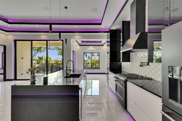 6532 Simone Shores Cir, Apollo Beach, FL 33572 - kitchen featuring a tray ceiling, stainless steel appliances, a sink, white cabinets, and recessed lighting