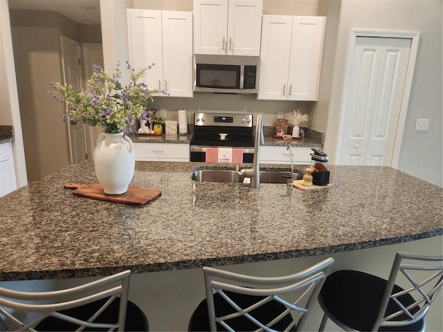 16725 Delia St, Wimauma, FL 33598 - kitchen with appliances with stainless steel finishes, white cabinets, a breakfast bar area, and dark stone counters