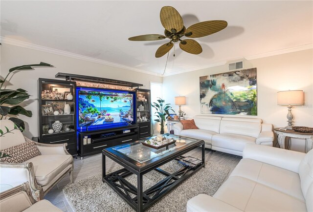 2335 Beneva Ter Unit 2254, Sarasota, FL 34232 - living area featuring wood finished floors, a ceiling fan, and ornamental molding
