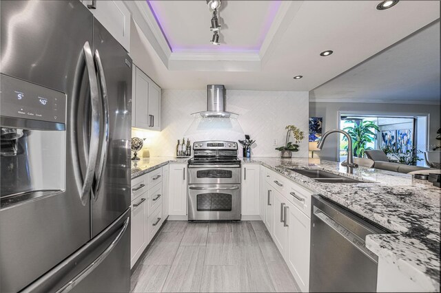 2335 Beneva Ter Unit 2254, Sarasota, FL 34232 - kitchen with stainless steel appliances, wall chimney range hood, a sink, a raised ceiling, and crown molding