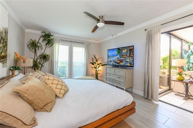 2335 Beneva Ter Unit 2254, Sarasota, FL 34232 - bedroom with access to outside, crown molding, ceiling fan, baseboards, and light wood-style flooring
