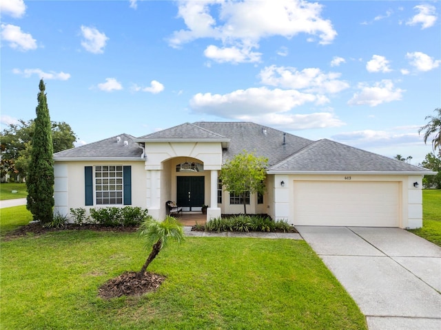 603 Loma Del Sol Dr, Davenport, FL 33896 - view of front of home with stucco siding, an attached garage, concrete driveway, and a front lawn