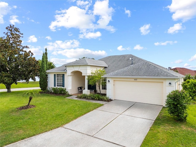 603 Loma Del Sol Dr, Davenport, FL 33896 - single story home featuring an attached garage, driveway, stucco siding, a front yard, and roof with shingles