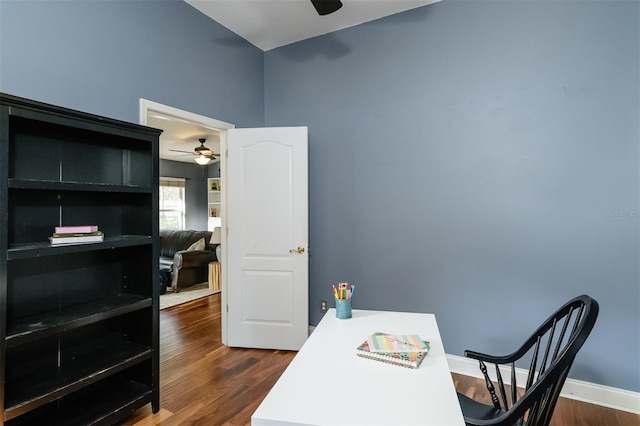 5619 Essex Ct, Palm Harbor, FL 34685 - office with ceiling fan, dark wood-type flooring, and baseboards
