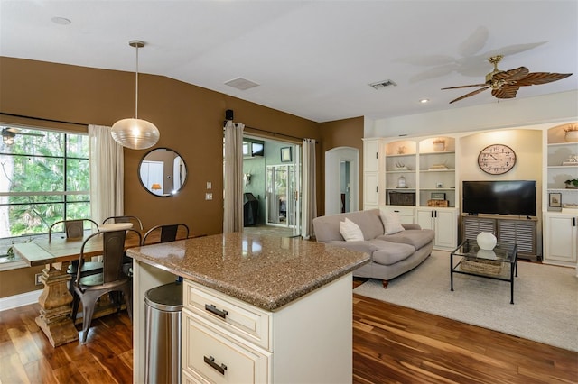 5619 Essex Ct, Palm Harbor, FL 34685 - kitchen featuring dark wood-type flooring, open floor plan, a ceiling fan, a center island, and arched walkways