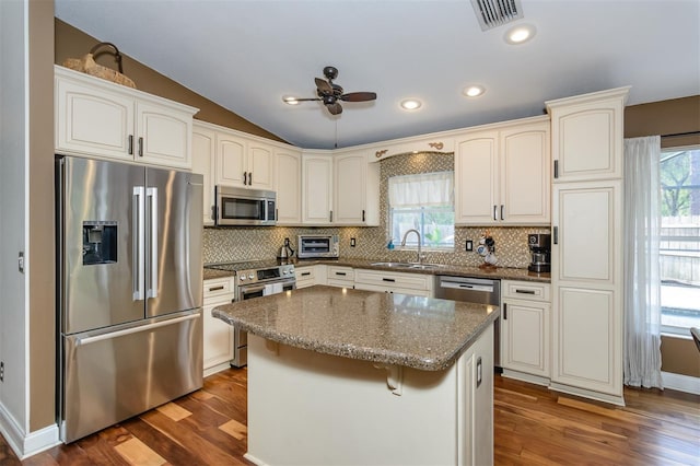 5619 Essex Ct, Palm Harbor, FL 34685 - kitchen with stainless steel appliances, a sink, dark wood-style flooring, a center island, and lofted ceiling