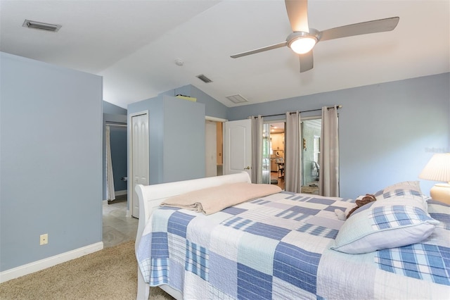 5619 Essex Ct, Palm Harbor, FL 34685 - bedroom featuring light carpet, vaulted ceiling, baseboards, and a ceiling fan