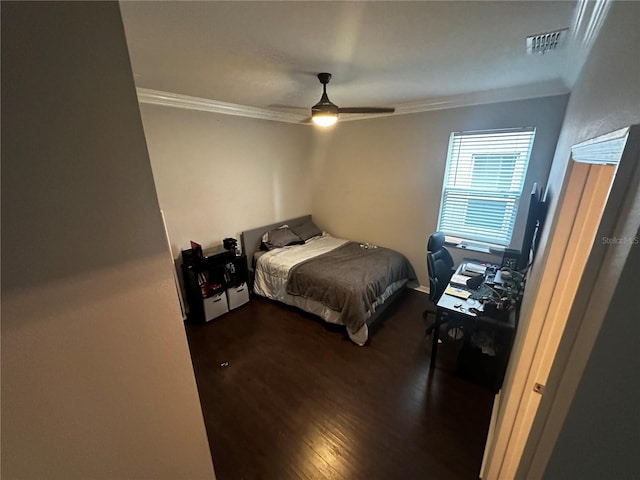 1521 Sourwood Dr, Ocoee, FL 34761 - bedroom featuring ornamental molding, dark wood-type flooring, and a ceiling fan