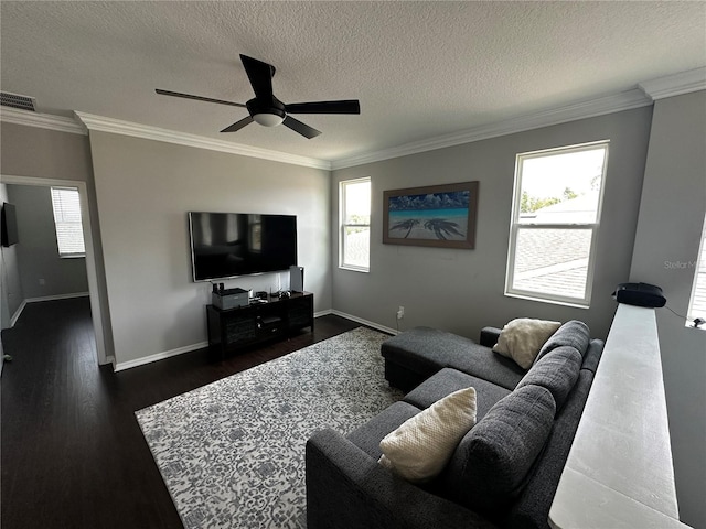 1521 Sourwood Dr, Ocoee, FL 34761 - living area featuring ornamental molding, a ceiling fan, dark wood-style flooring, baseboards, and a textured ceiling