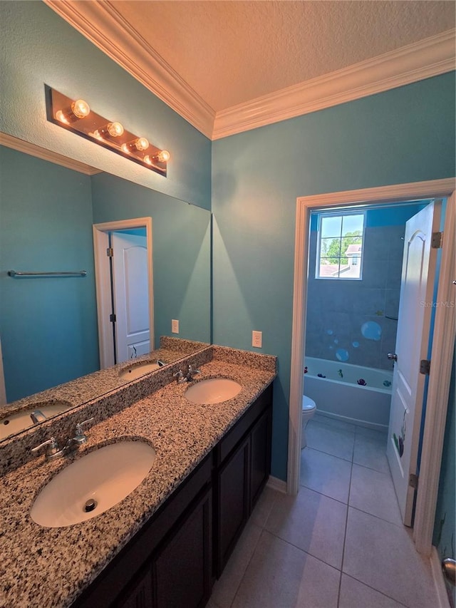 1521 Sourwood Dr, Ocoee, FL 34761 - bathroom with toilet, ornamental molding, double vanity, tile patterned floors, and a textured ceiling