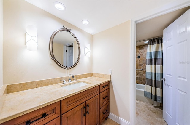 240 Sand Key Estates Dr Unit 222, Clearwater, FL 33767 - full bathroom featuring vanity, shower / bath combination with curtain, baseboards, and recessed lighting