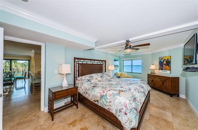 240 Sand Key Estates Dr Unit 222, Clearwater, FL 33767 - bedroom with baseboards, multiple windows, ornamental molding, a textured ceiling, and a ceiling fan