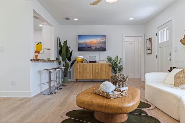 1579 Bayshore Blvd, Dunedin, FL 34698 - living room with light wood-type flooring, baseboards, a ceiling fan, and recessed lighting