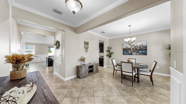 13903 Sage Thrasher Ln, Riverview, FL 33579 - dining area featuring crown molding, light tile patterned floors, and a chandelier