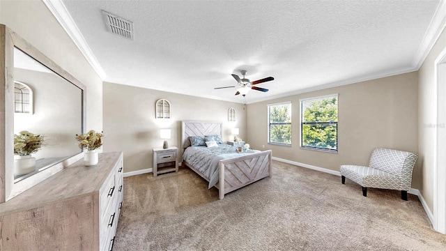 13903 Sage Thrasher Ln, Riverview, FL 33579 - bedroom featuring ornamental molding, light colored carpet, a textured ceiling, and a ceiling fan