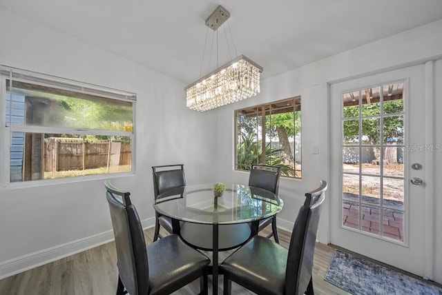 12304 Woodleigh Ave, Tampa, FL 33612 - dining area featuring wood finished floors, a chandelier, baseboards, and plenty of natural light
