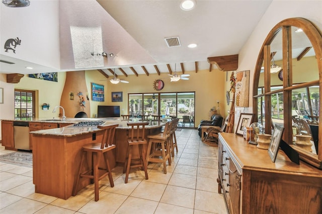7507 Beasley Rd, Tampa, FL 33615 - kitchen featuring open floor plan, light tile patterned floors, ceiling fan, a sink, and recessed lighting