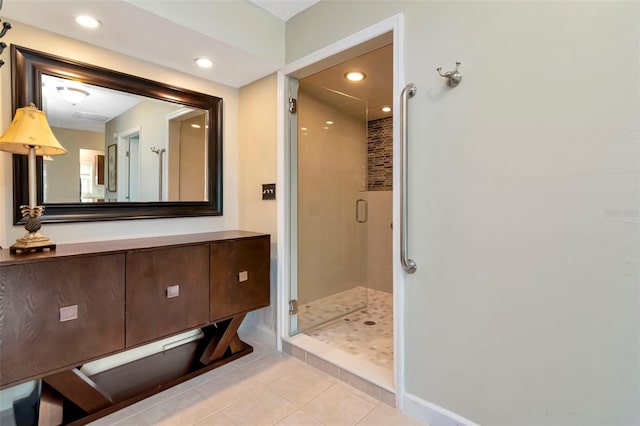 2444 Laurelwood Dr Unit A, Clearwater, FL 33763 - bathroom with a stall shower, tile patterned floors, vanity, and recessed lighting