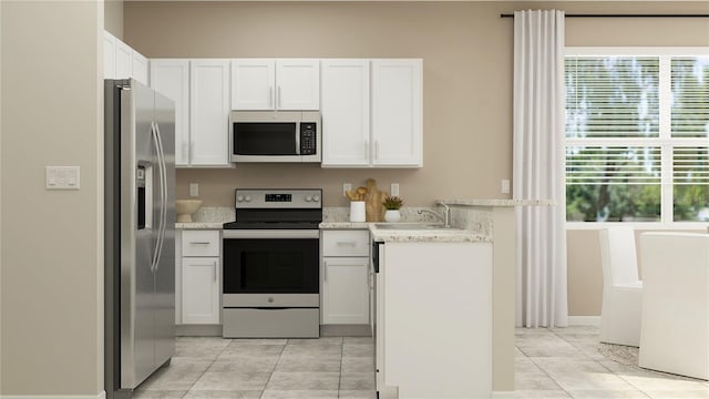 11083 E 65th Ter, Palmetto, FL 34221 - kitchen featuring stainless steel appliances, a sink, white cabinets, and light tile patterned flooring