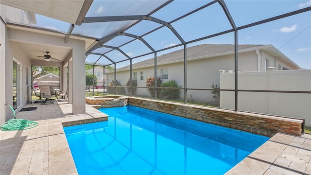 3862 Tristram Loop, Land O Lakes, FL 34638 - view of swimming pool with a patio area, ceiling fan, a pool with connected hot tub, and glass enclosure