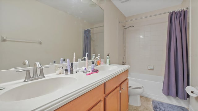 3862 Tristram Loop, Land O Lakes, FL 34638 - full bathroom featuring toilet, double vanity, shower / bath combo with shower curtain, and tile patterned flooring