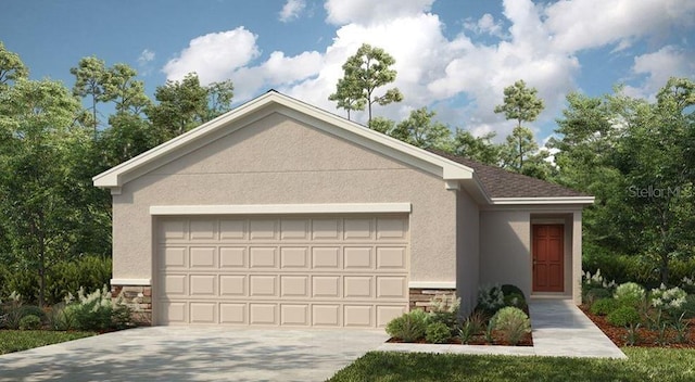 12469 Gust Ct, Hudson, FL 34669 - ranch-style house featuring stone siding, a garage, stucco siding, and driveway