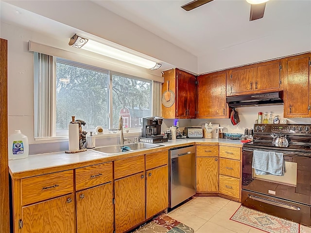 11912 Mcmullen Loop, Riverview, FL 33569 - kitchen featuring stainless steel dishwasher, black range with electric stovetop, under cabinet range hood, a sink, and light countertops