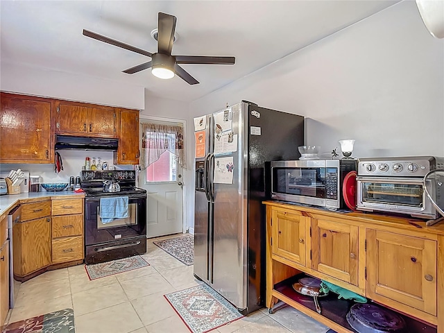 11912 Mcmullen Loop, Riverview, FL 33569 - kitchen with appliances with stainless steel finishes, exhaust hood, a ceiling fan, and brown cabinets