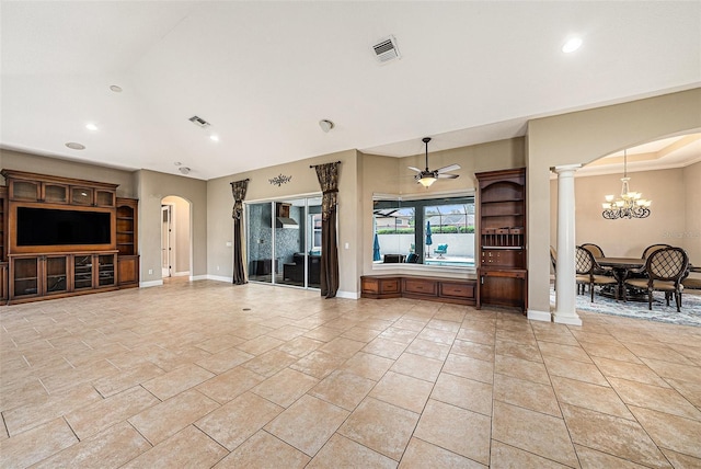 10645 Ruffino Ct, Trinity, FL 34655 - unfurnished living room featuring arched walkways, decorative columns, recessed lighting, a chandelier, and a ceiling fan