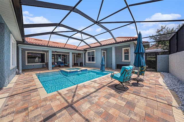 10645 Ruffino Ct, Trinity, FL 34655 - view of pool with a ceiling fan, a patio, glass enclosure, a pool with connected hot tub, and an outdoor living space
