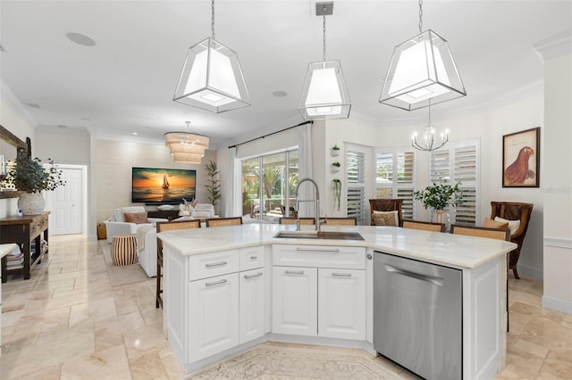 703 Monte Cristo Blvd, Tierra Verde, FL 33715 - kitchen featuring stainless steel dishwasher, a sink, a kitchen island with sink, ornamental molding, and a chandelier