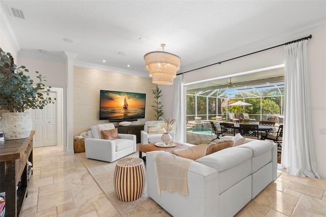 703 Monte Cristo Blvd, Tierra Verde, FL 33715 - living area featuring crown molding, recessed lighting, and a sunroom