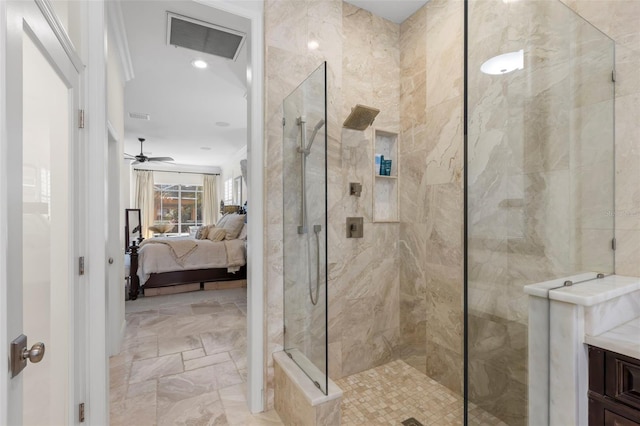 703 Monte Cristo Blvd, Tierra Verde, FL 33715 - bathroom with walk in shower, ensuite bathroom, ceiling fan, and marble finish floors