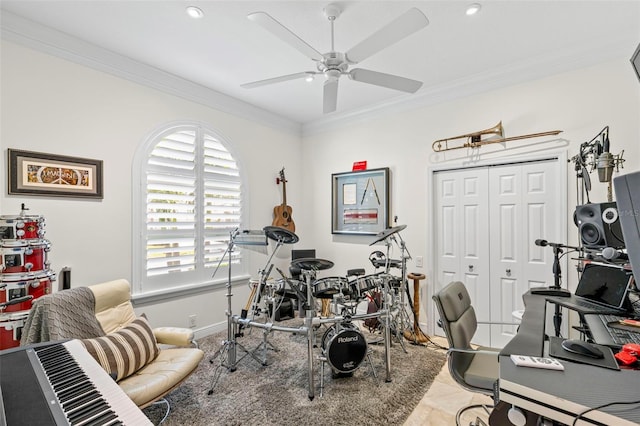703 Monte Cristo Blvd, Tierra Verde, FL 33715 - game room with a ceiling fan, crown molding, baseboards, and recessed lighting