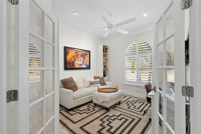 703 Monte Cristo Blvd, Tierra Verde, FL 33715 - living area featuring french doors, crown molding, ceiling fan, and recessed lighting