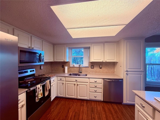 3338 Fernleaf Dr, Hernando Beach, FL 34607 - kitchen with appliances with stainless steel finishes, a sink, a textured ceiling, dark wood-style floors, and light countertops