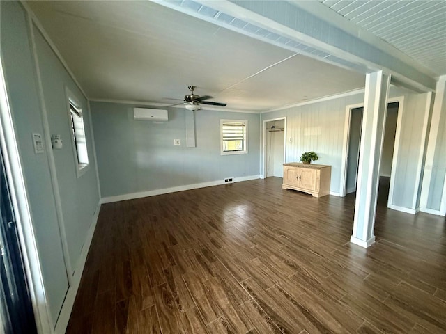 3338 Fernleaf Dr, Hernando Beach, FL 34607 - unfurnished living room with crown molding, baseboards, a wall mounted air conditioner, a ceiling fan, and dark wood finished floors