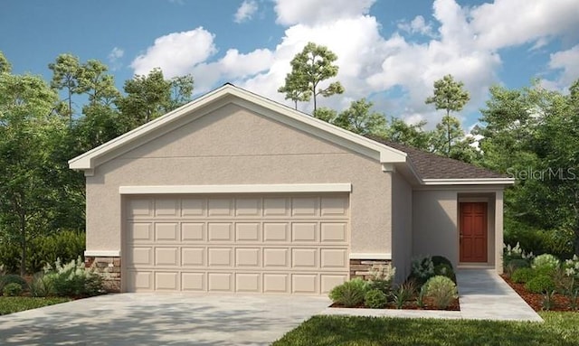 12435 Gust Ct, Hudson, FL 34669 - ranch-style house featuring stone siding, a garage, stucco siding, and driveway