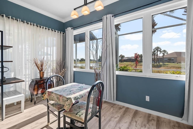 1110 Jasmine Creek Ct, Sun City Center, FL 33573 - dining area featuring light wood-style flooring, baseboards, and ornamental molding