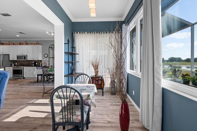 1110 Jasmine Creek Ct, Sun City Center, FL 33573 - dining room featuring crown molding, light wood-style floors, baseboards, and a water view