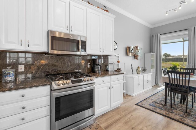 1110 Jasmine Creek Ct, Sun City Center, FL 33573 - kitchen featuring stainless steel appliances, crown molding, decorative backsplash, white cabinetry, and dark stone counters